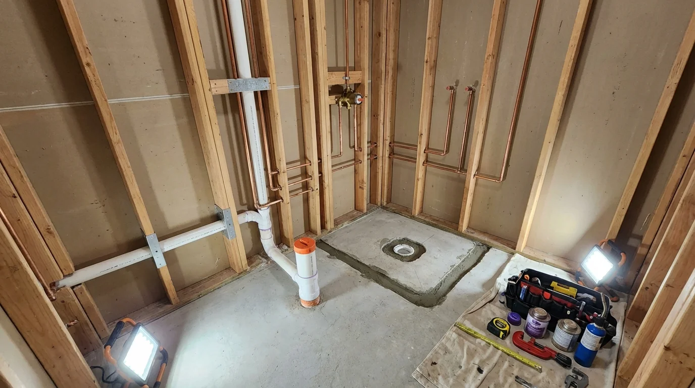 Bathroom rough-in plumbing during remodel by Johns Plumbing LLC in Waupaca
