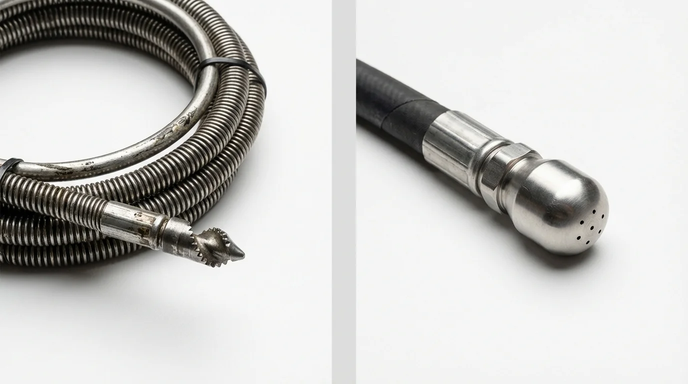 Drain snake cable and hydro jetting nozzle used for drain cleaning in Waupaca, WI