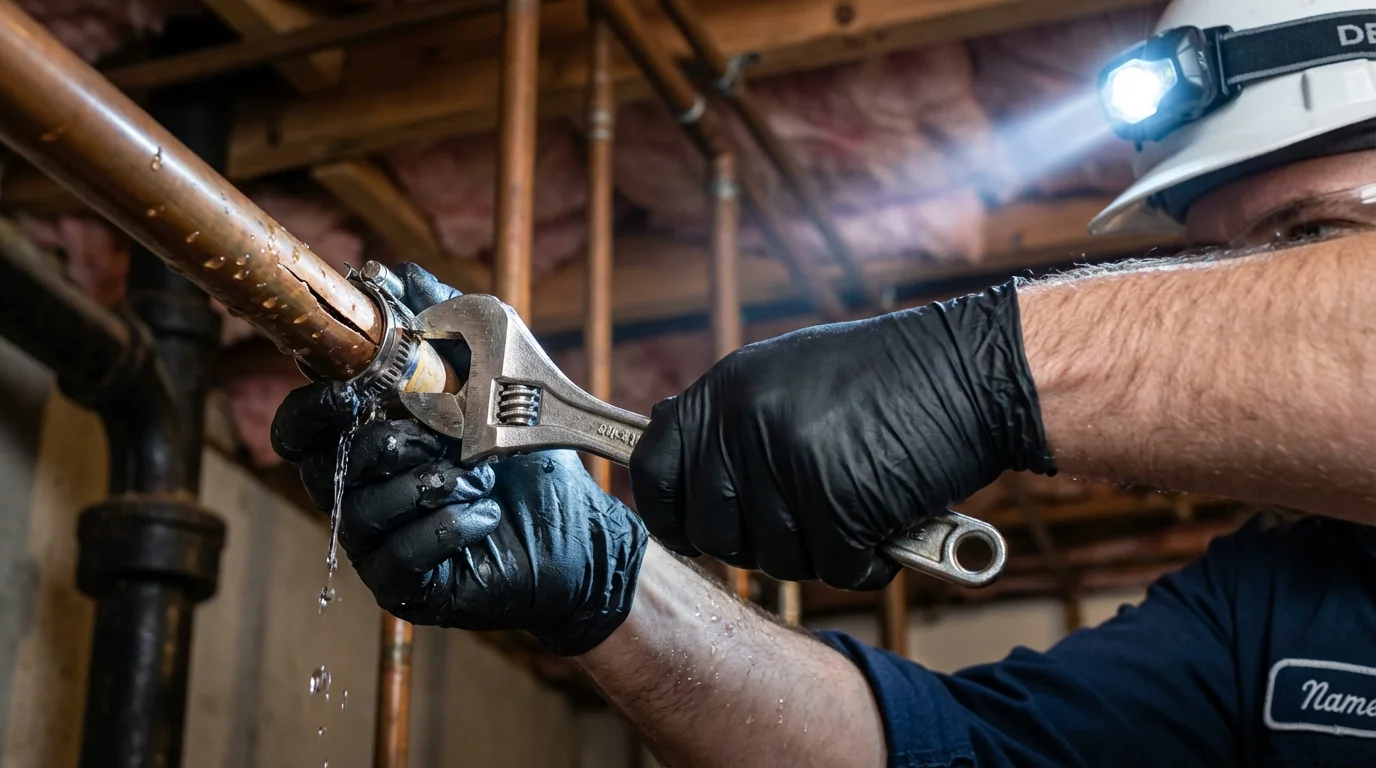 Emergency pipe clamp repair being performed by a Johns Plumbing LLC plumber in Waupaca