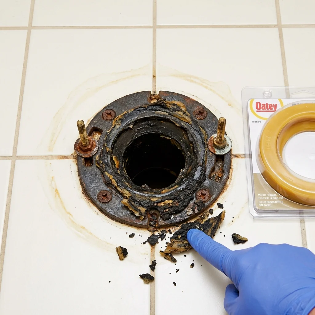 Failed wax ring showing water seepage at the base of a toilet in a Waupaca, WI home