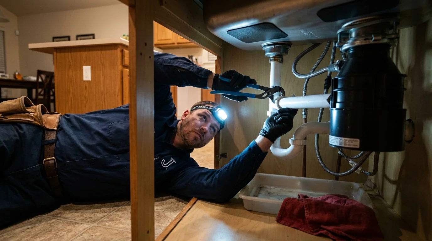 P-trap and supply line connections under a kitchen sink showing a common leak point in Waupaca, WI